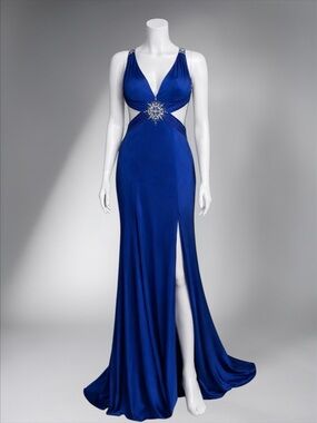 Caché Royal Blue Bedazzled Halter Sheath Gown – Size 2